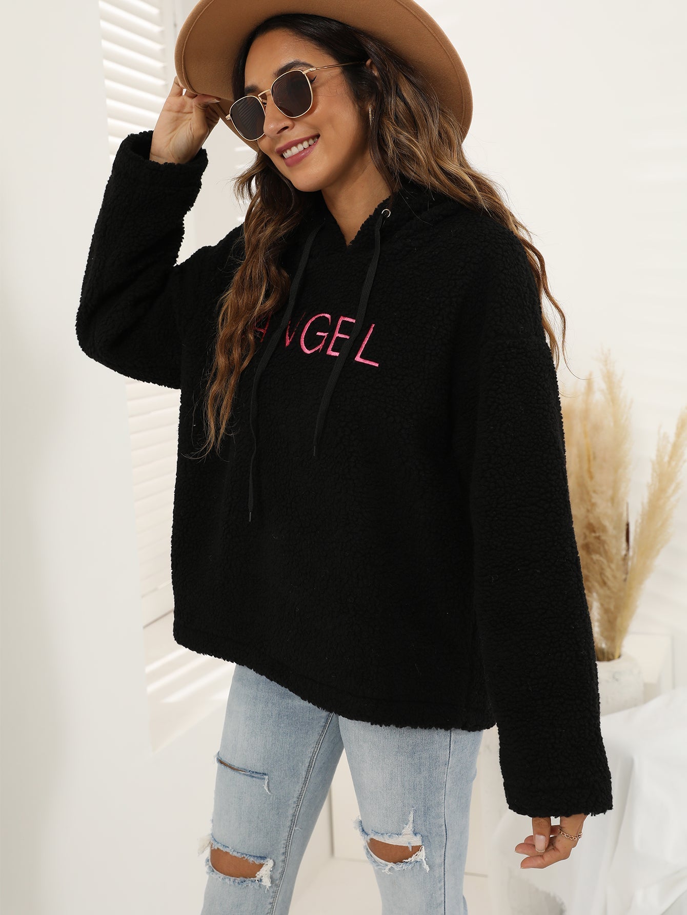 Fluffy Letter Print Sherpa Hoodie Sai Feel