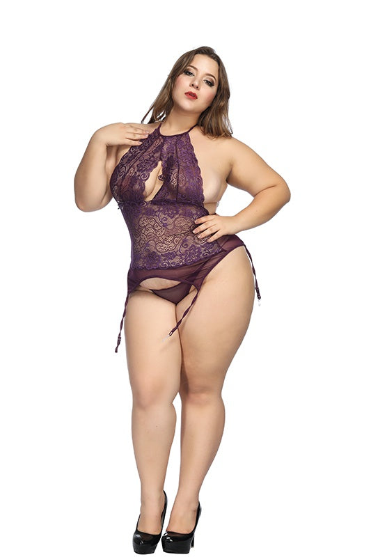 Free Size/plus size Halter-neck sexy lingerie bodysuit with Garter belt,with G-String Set/thongs,see through sheer Mesh Chemise,Floral Lace sleepwear Sai Feel