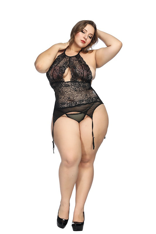 Free Size/plus size Halter-neck sexy lingerie bodysuit with Garter belt,with G-String Set/thongs,see through sheer Mesh Chemise,Floral Lace sleepwear Sai Feel