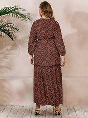 French Elegant Large Size Oversize Red Printed Long Sleeve V-Neck Dress Sai Feel