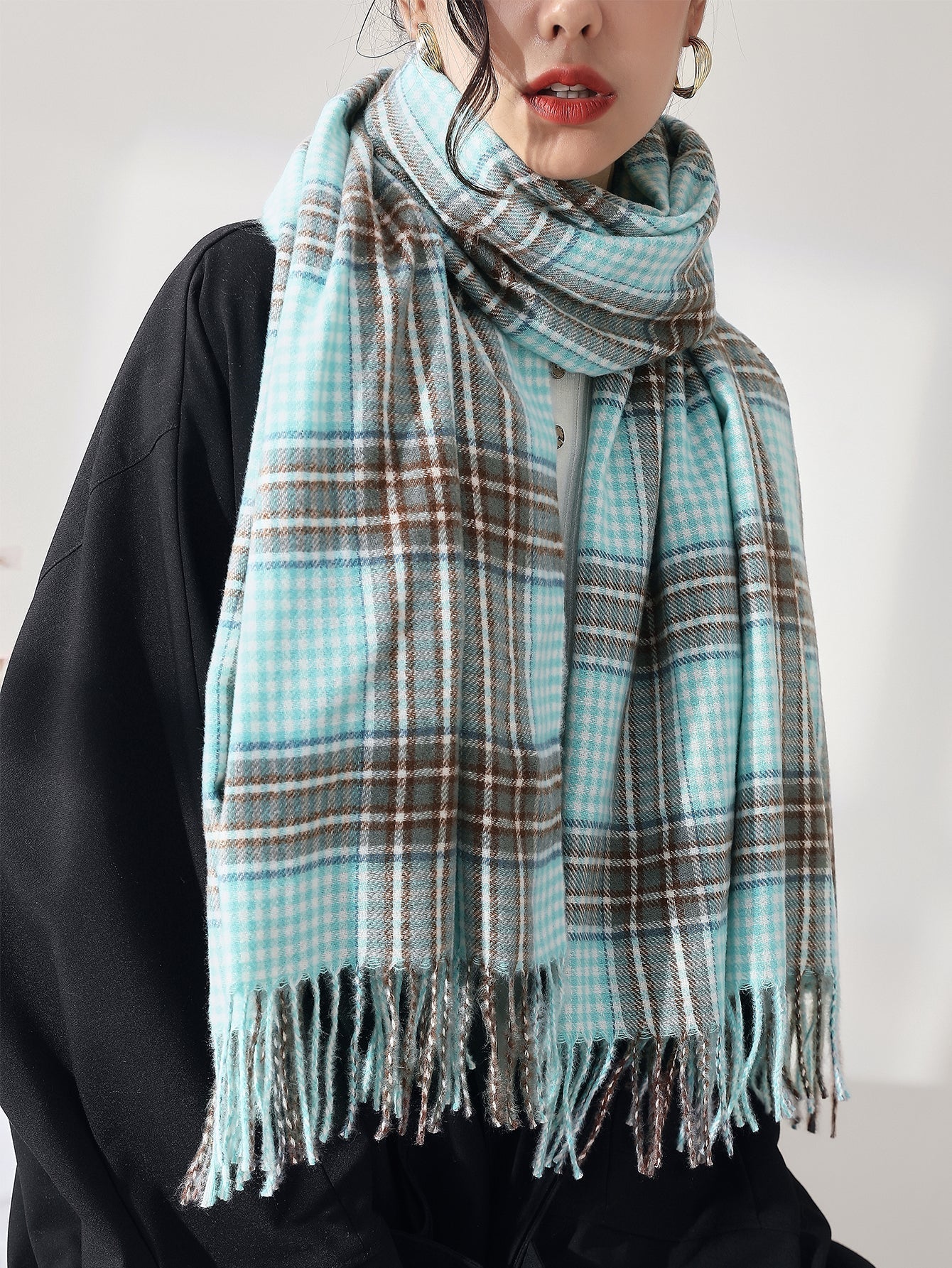 Fringe Hem Plaid Scarf Sai Feel