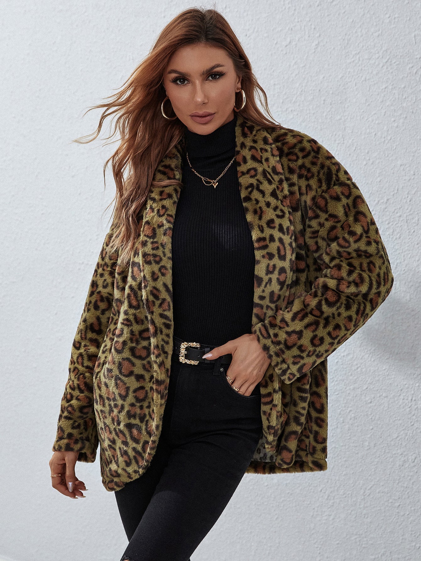 Fuzzy Fleece Lapel Open Front Long Cardigan Leopard Coat Warm Outwear Jackets with Pockets Sai Feel