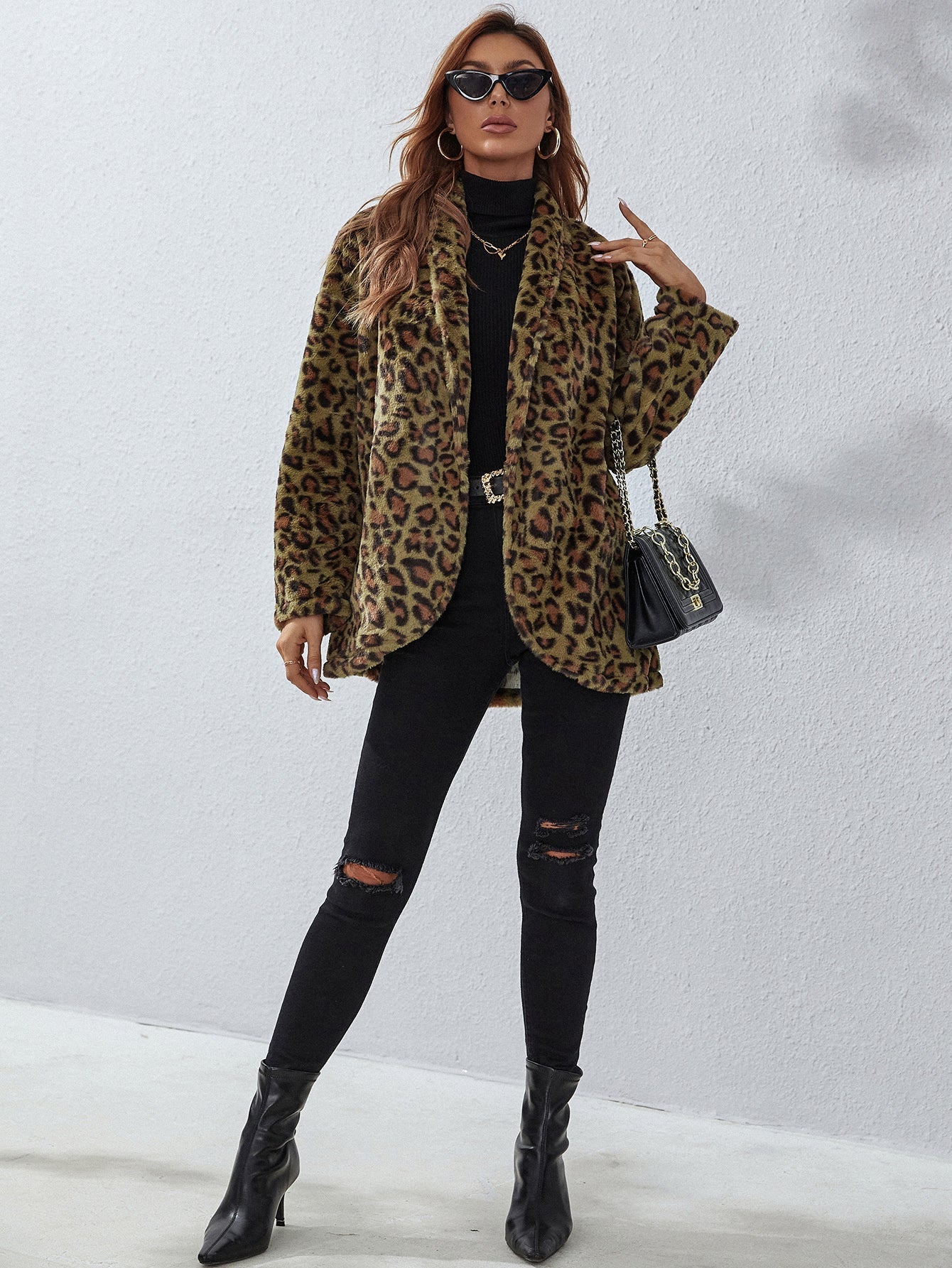 Fuzzy Fleece Lapel Open Front Long Cardigan Leopard Coat Warm Outwear Jackets with Pockets Sai Feel