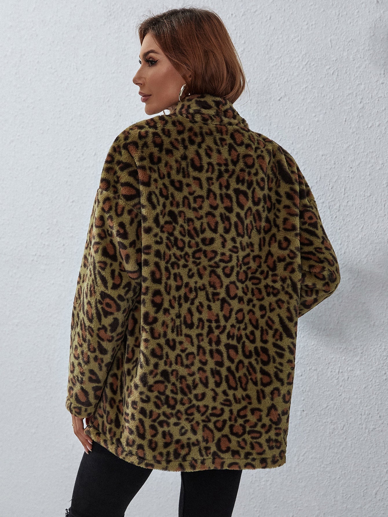 Fuzzy Fleece Lapel Open Front Long Cardigan Leopard Coat Warm Outwear Jackets with Pockets Sai Feel