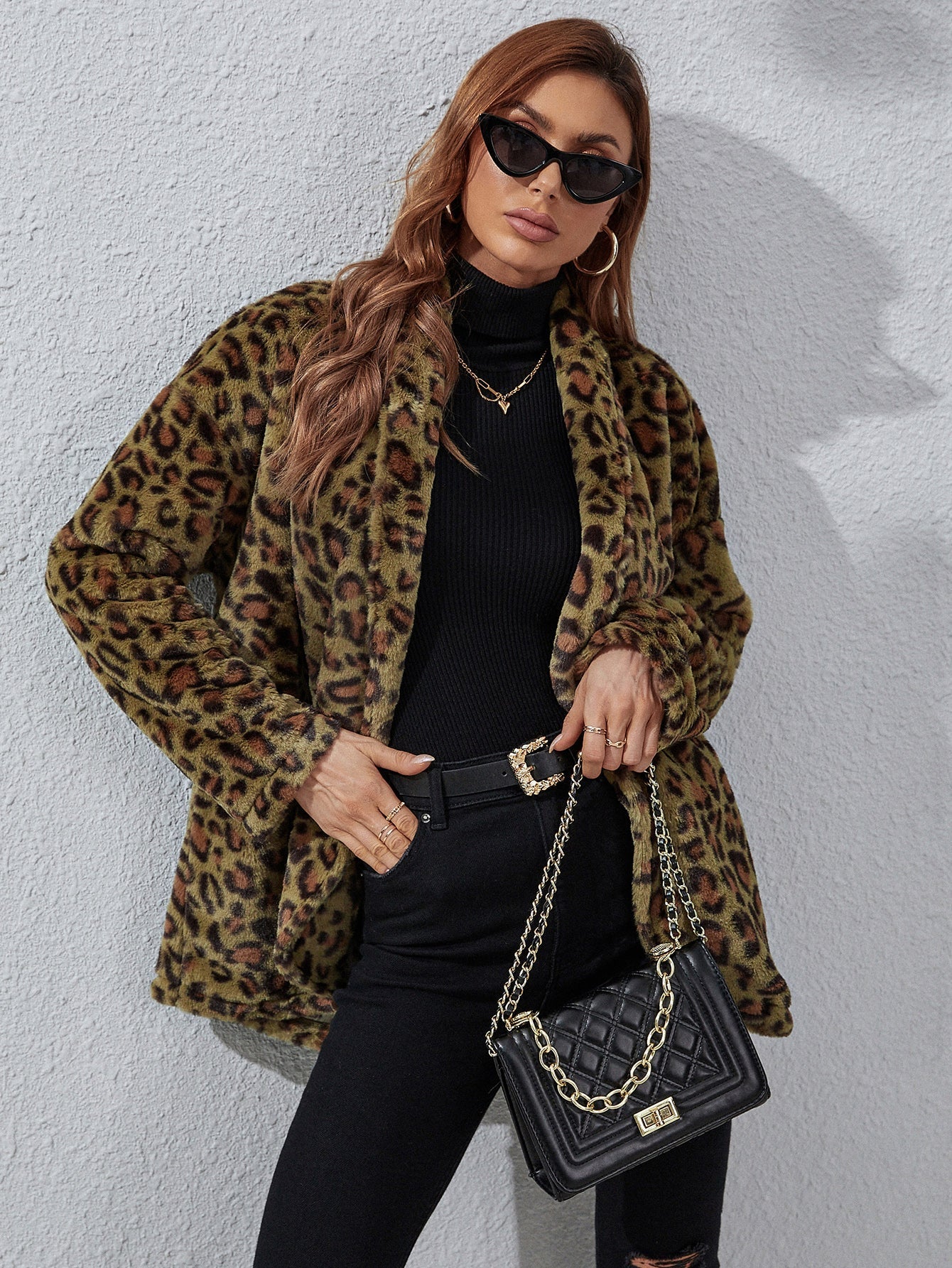 Fuzzy Fleece Lapel Open Front Long Cardigan Leopard Coat Warm Outwear Jackets with Pockets Sai Feel