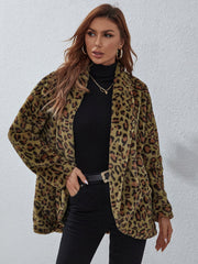 Fuzzy Fleece Lapel Open Front Long Cardigan Leopard Coat Warm Outwear Jackets with Pockets Sai Feel