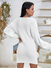 Fuzzy Knit V Neck Lantern Sleeve Sweater Dress Sai Feel