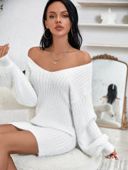 Fuzzy Knit V Neck Lantern Sleeve Sweater Dress Sai Feel