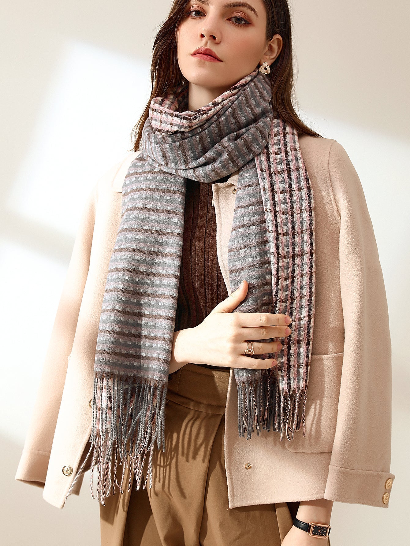 Gingham Fringe Hem Scarf Sai Feel