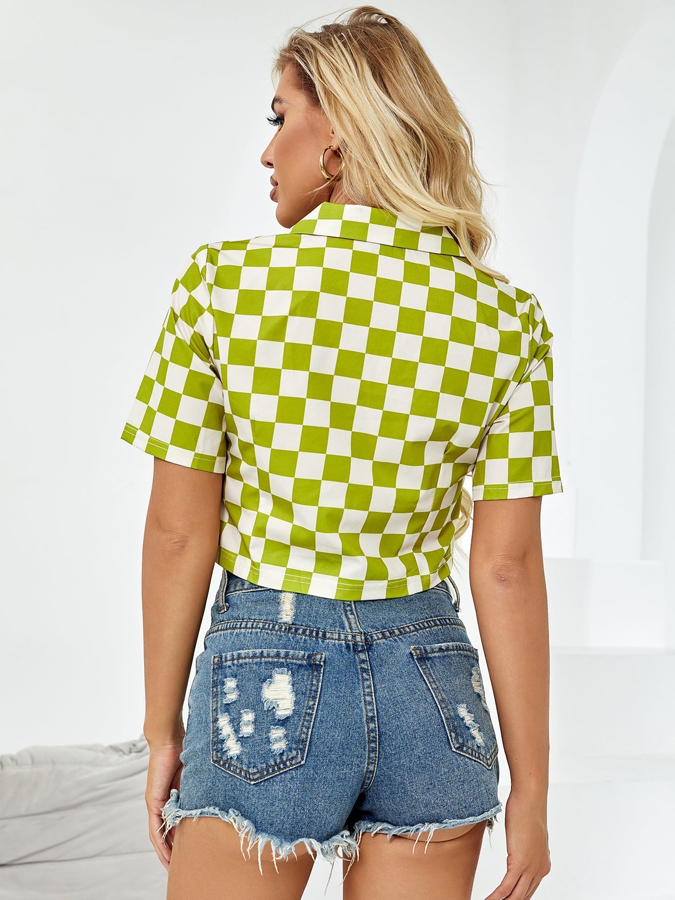 Gingham Print Crop Blouse Sai Feel