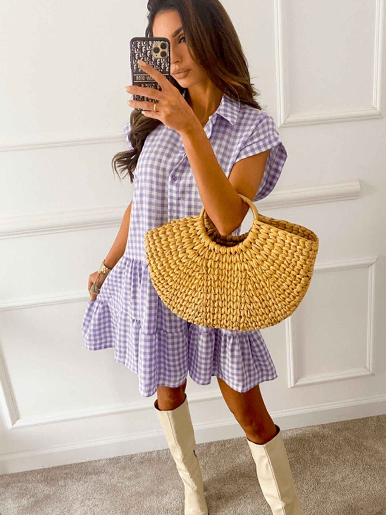 Gingham Print Half Button Smock Dress Sai Feel