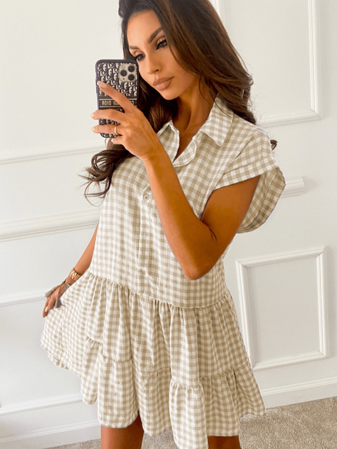 Gingham Print Half Button Smock Dress Sai Feel