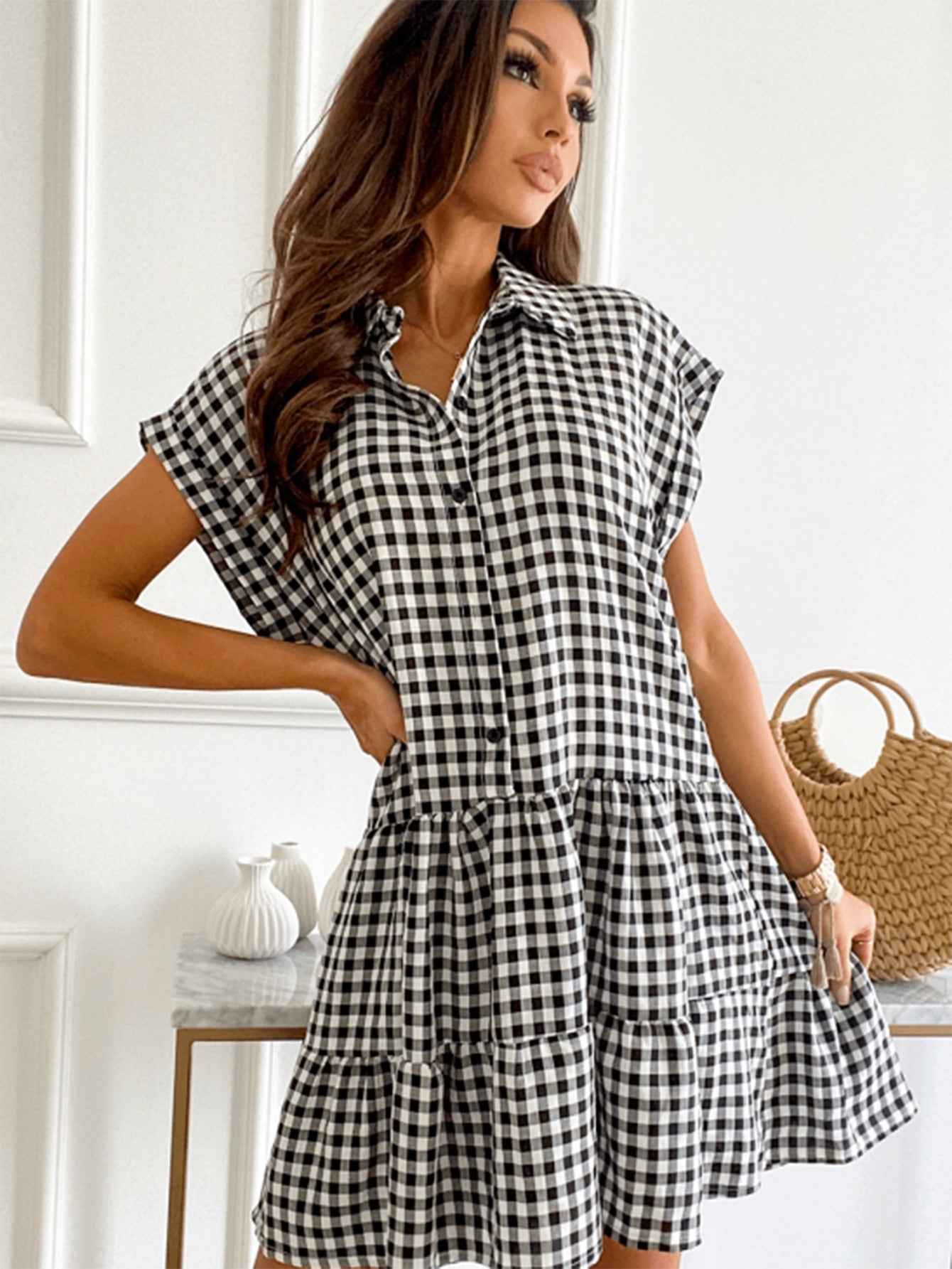 Gingham Print Half Button Smock Dress Sai Feel