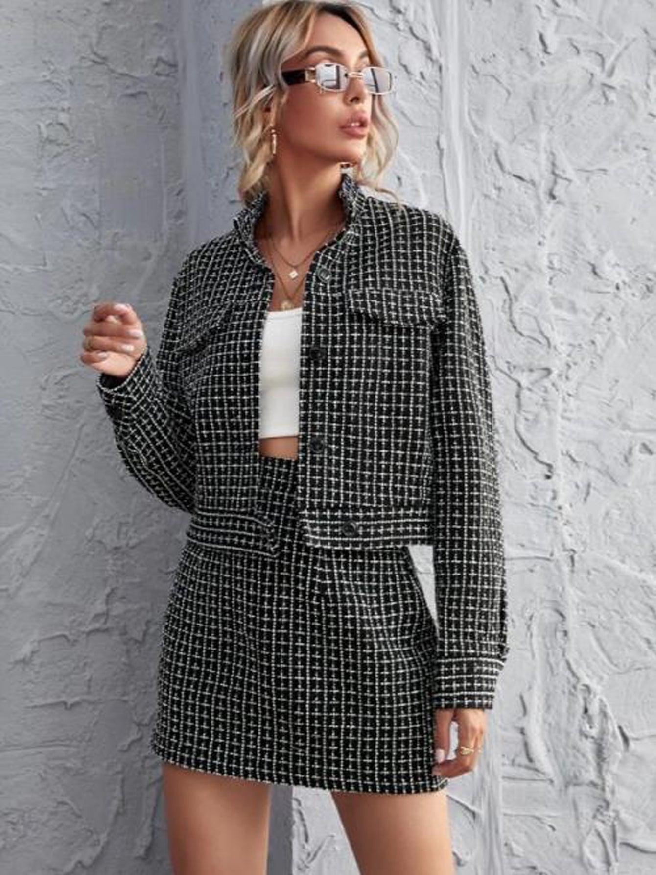 Gingham Single Breasted Crop Blazer & Mini Skirt Set Sai Feel