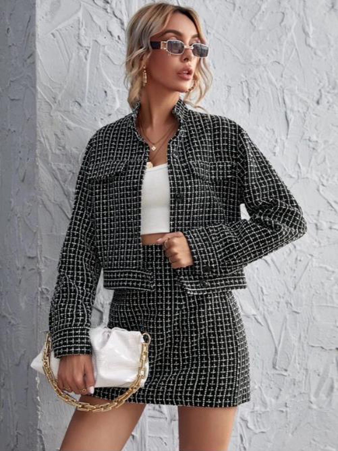 Gingham Single Breasted Crop Blazer & Mini Skirt Set Sai Feel