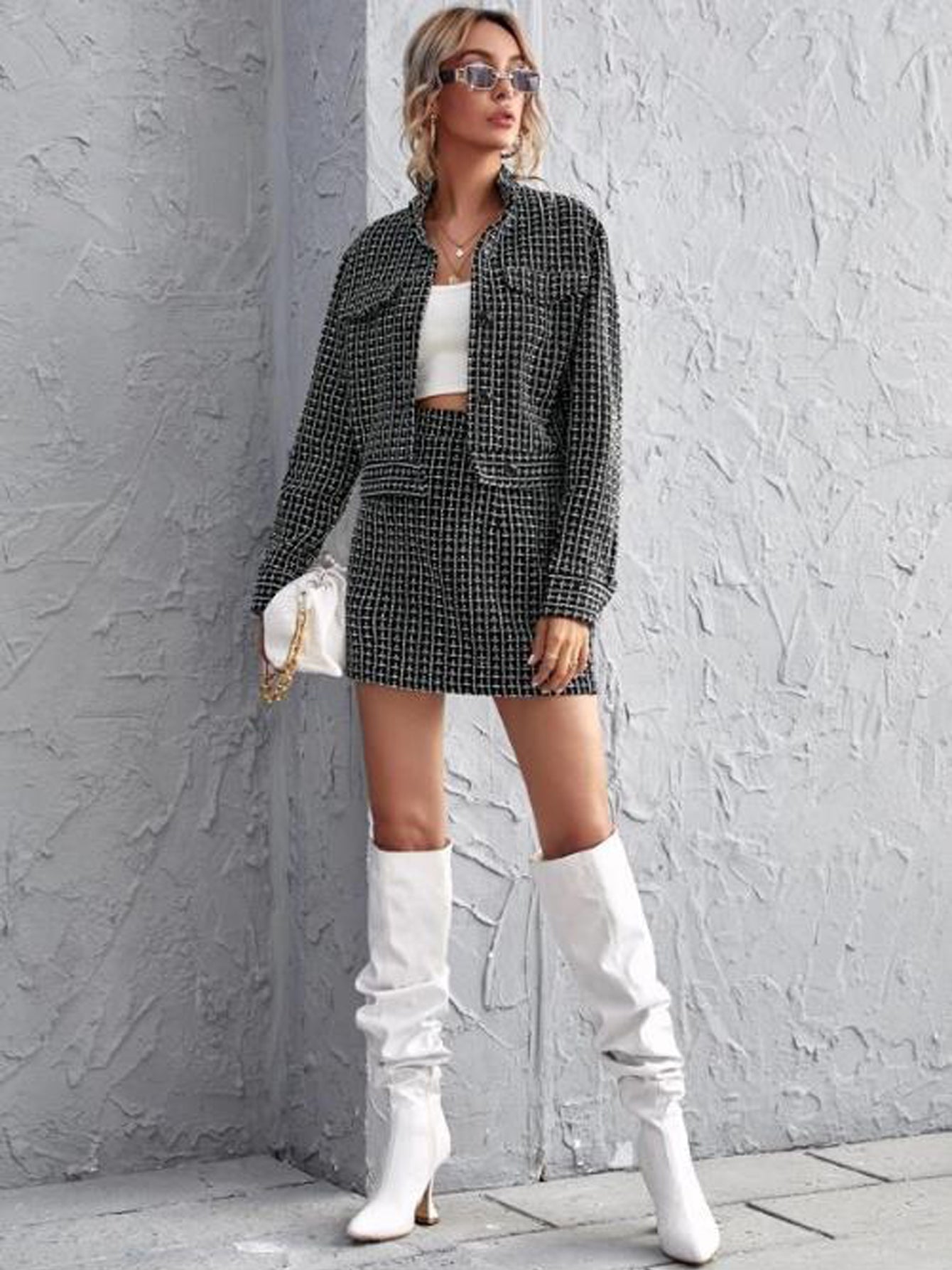 Gingham Single Breasted Crop Blazer & Mini Skirt Set Sai Feel