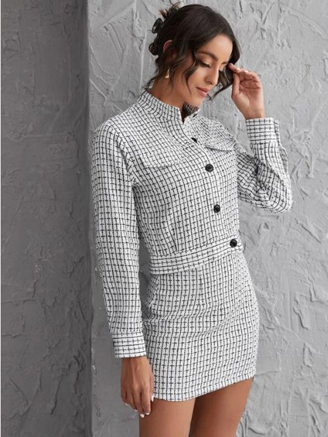 Gingham Single Breasted Crop Blazer & Mini Skirt Set Sai Feel