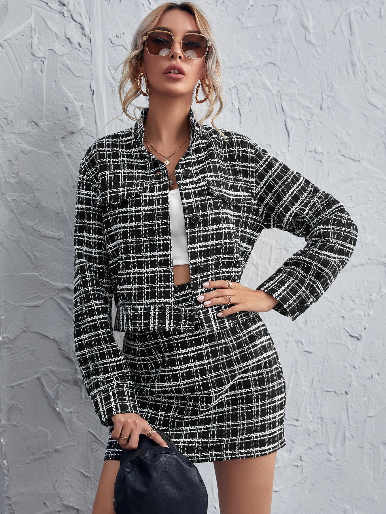 Gingham Single Breasted Crop Blazer & Mini Skirt Set Sai Feel