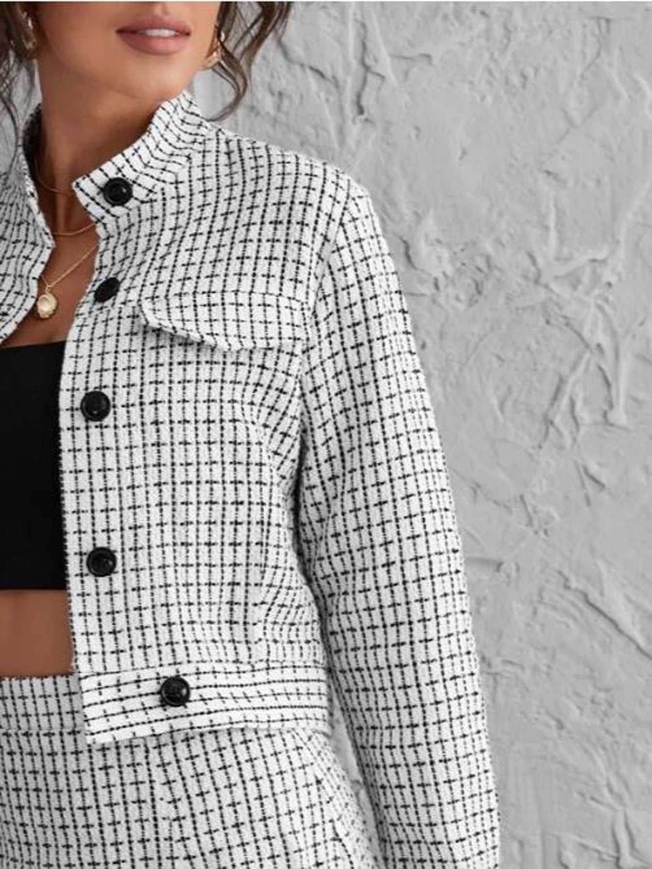 Gingham Single Breasted Crop Blazer & Mini Skirt Set Sai Feel