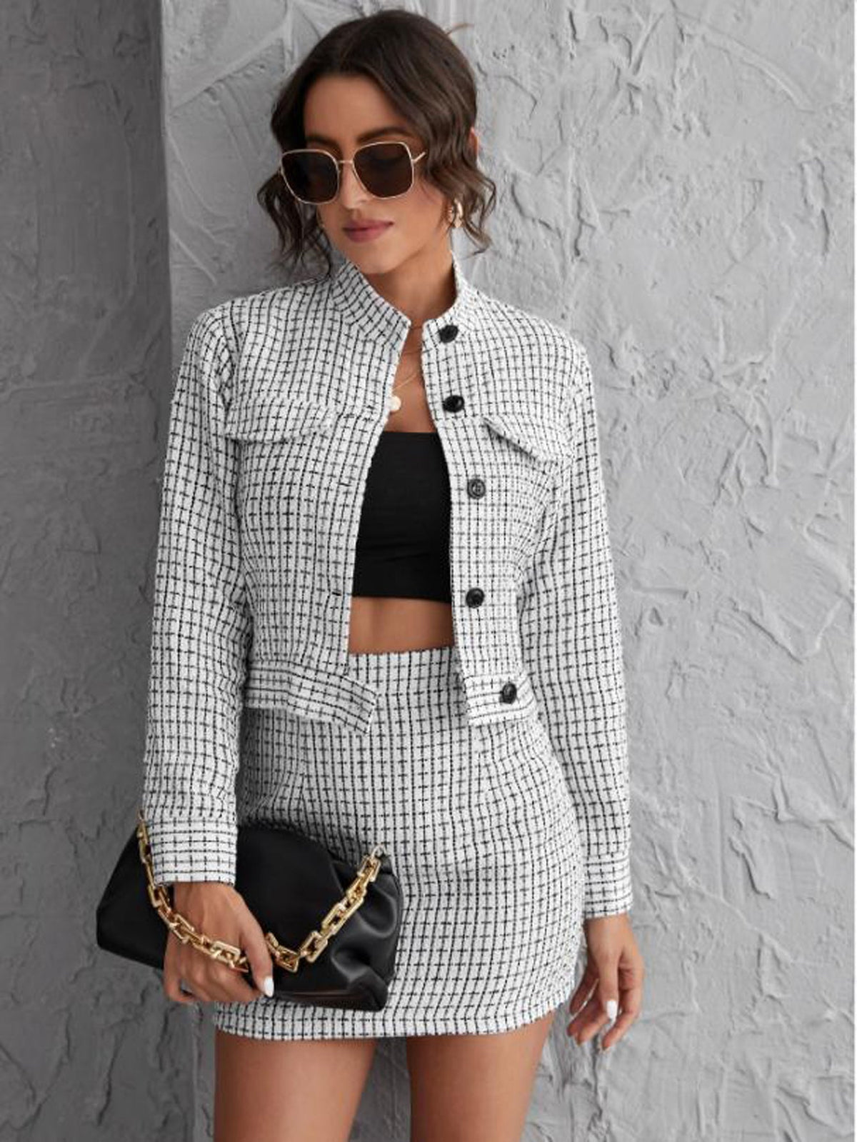 Gingham Single Breasted Crop Blazer & Mini Skirt Set Sai Feel