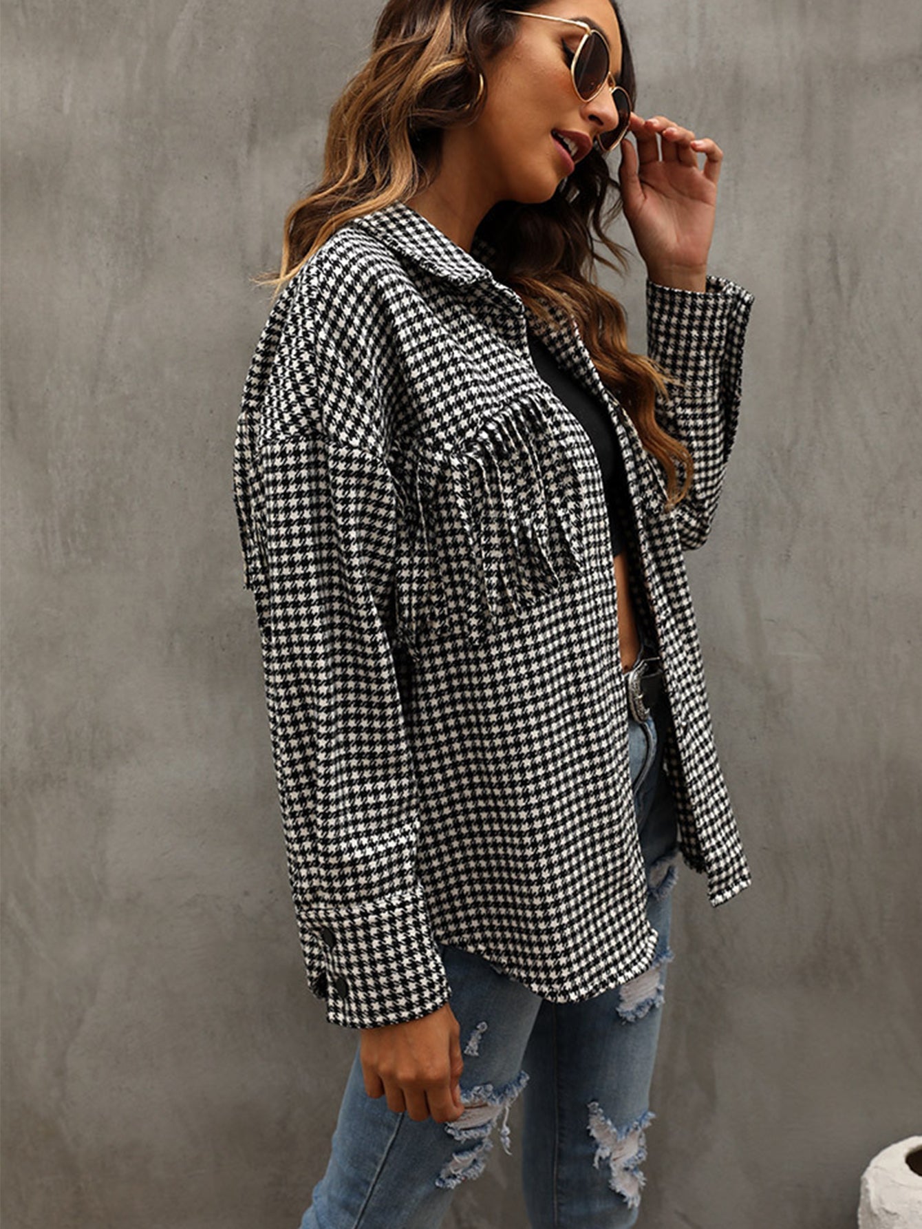 Gingham Tassel Bust Detail Overshirt Coat Sai Feel