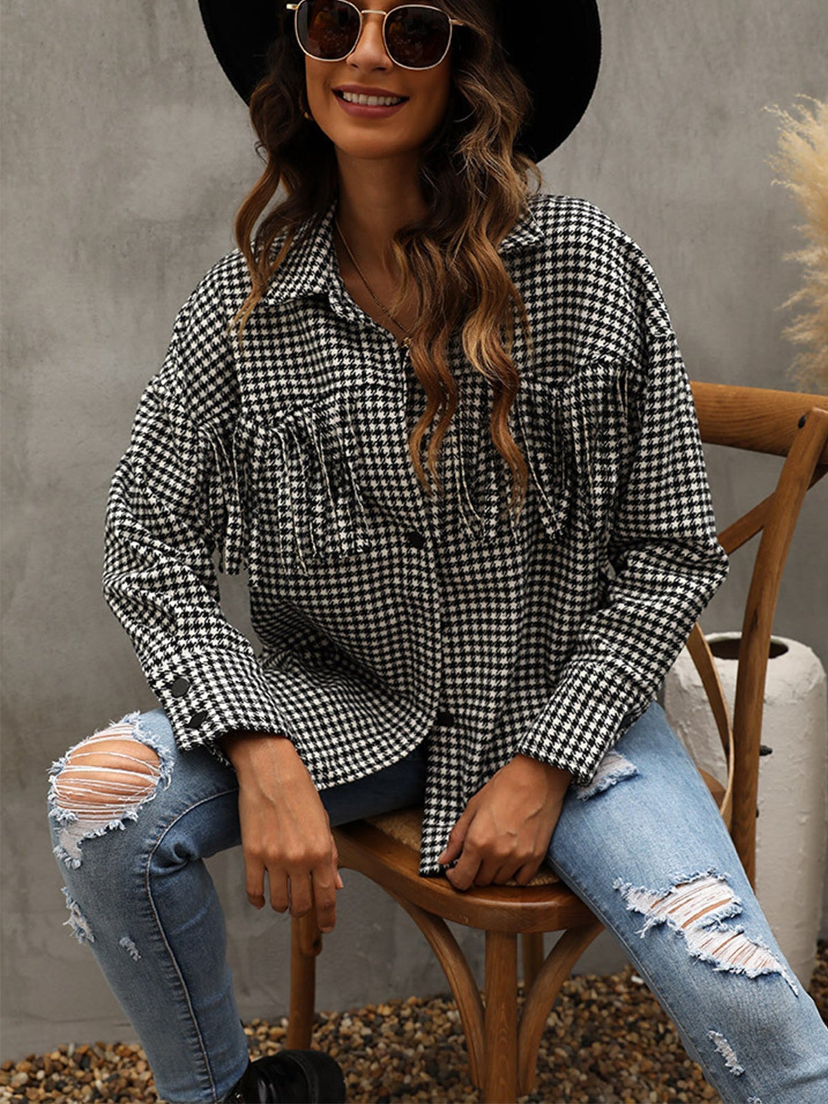 Gingham Tassel Bust Detail Overshirt Coat Sai Feel