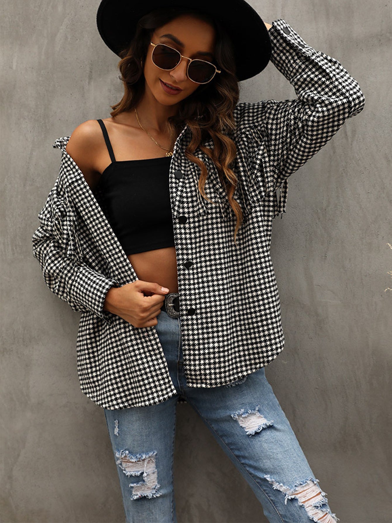 Gingham Tassel Bust Detail Overshirt Coat Sai Feel