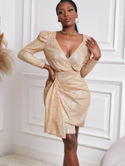 Gold Sequin Deep V Neck Long Sleeve Mini Dress Sai Feel