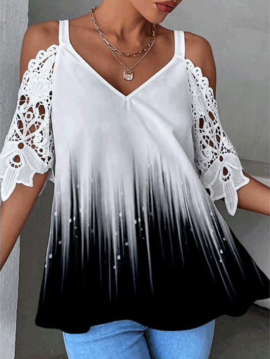 Gradient Lace Off-the-Shoulder Sleeves T-Shirt Sai Feel