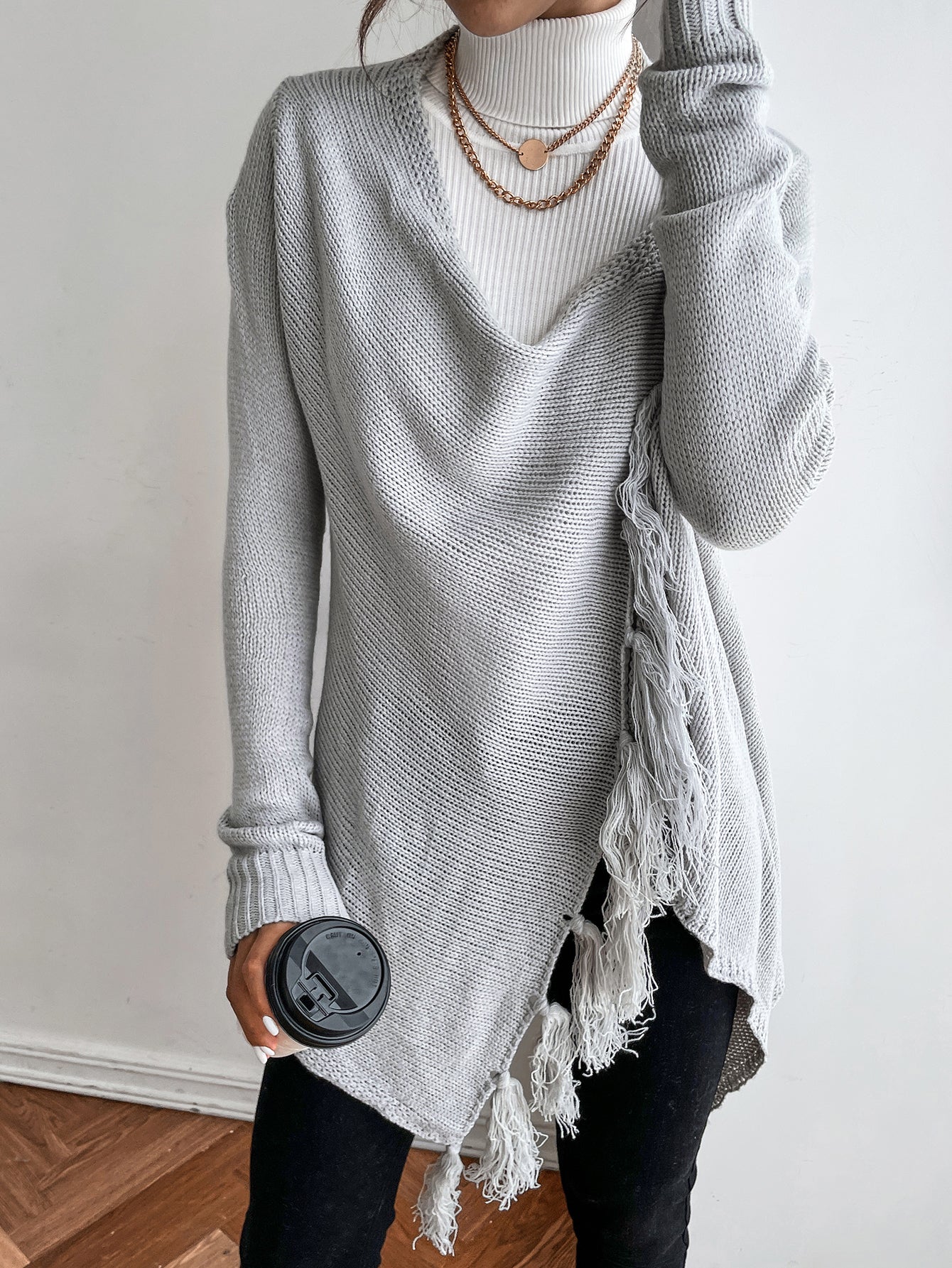 Gray fringed cardigan sweater Sai Feel