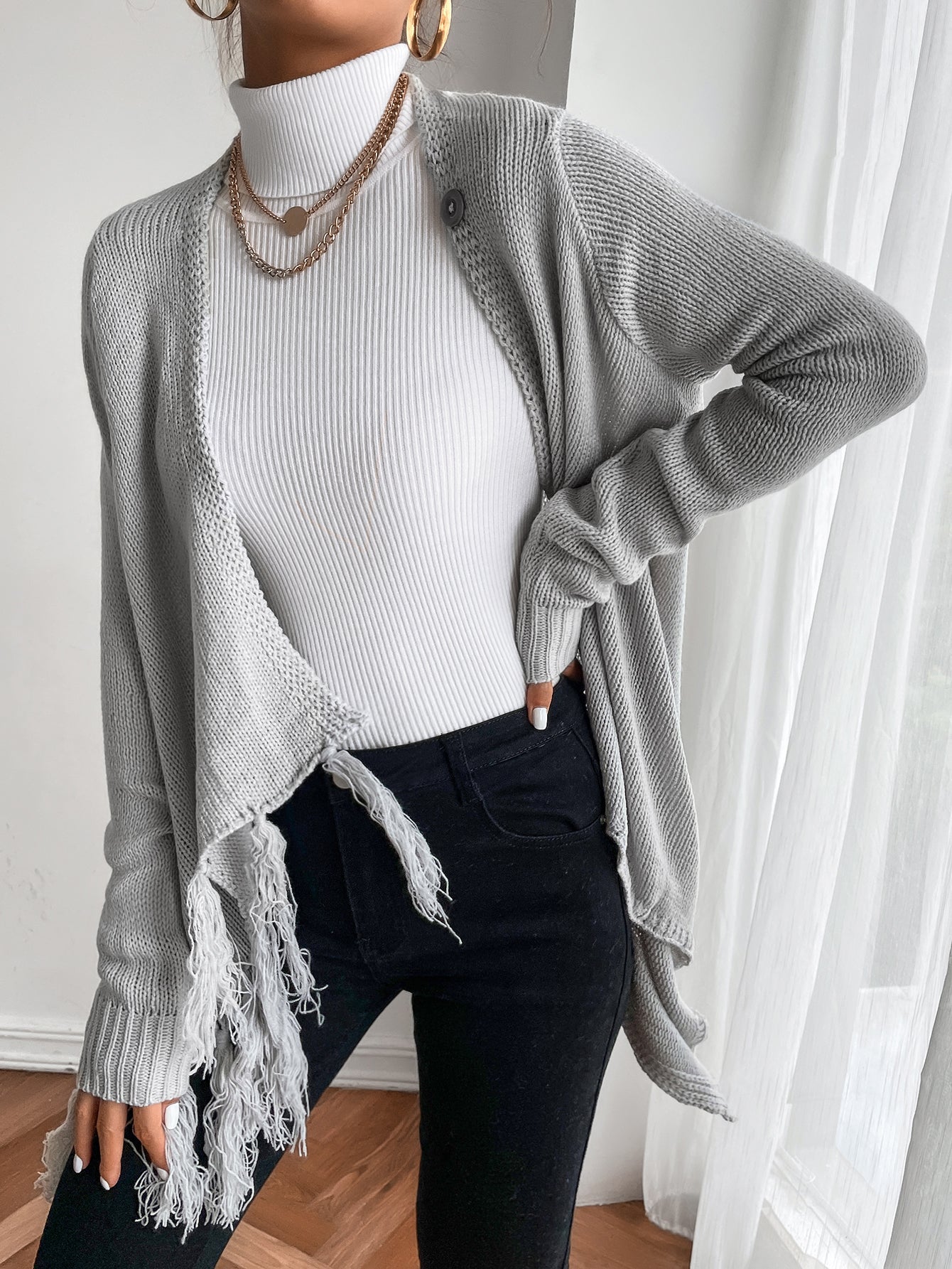 Gray fringed cardigan sweater Sai Feel
