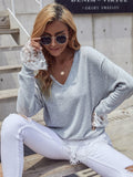 Gray v-neck lace casual long-sleeved t-shirt Sai Feel