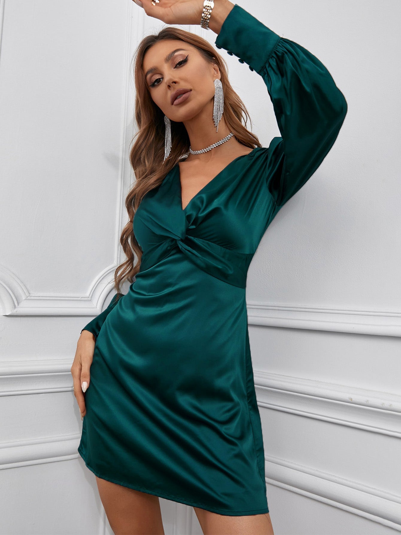 Green Deep V Neck Twist Satin Mini Dress Sai Feel