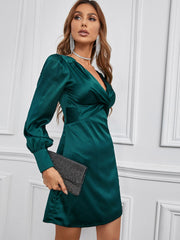 Green Deep V Neck Twist Satin Mini Dress Sai Feel