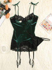 Green Lace Velvet Contrast Cut-out Halter Backless Babydoll Set Sai Feel