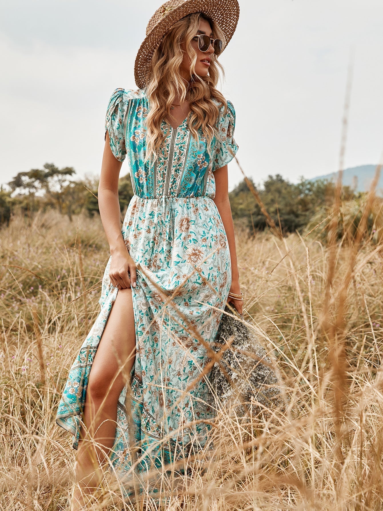 Green Short Sleeve Floral Maxi Dress Sai Feel