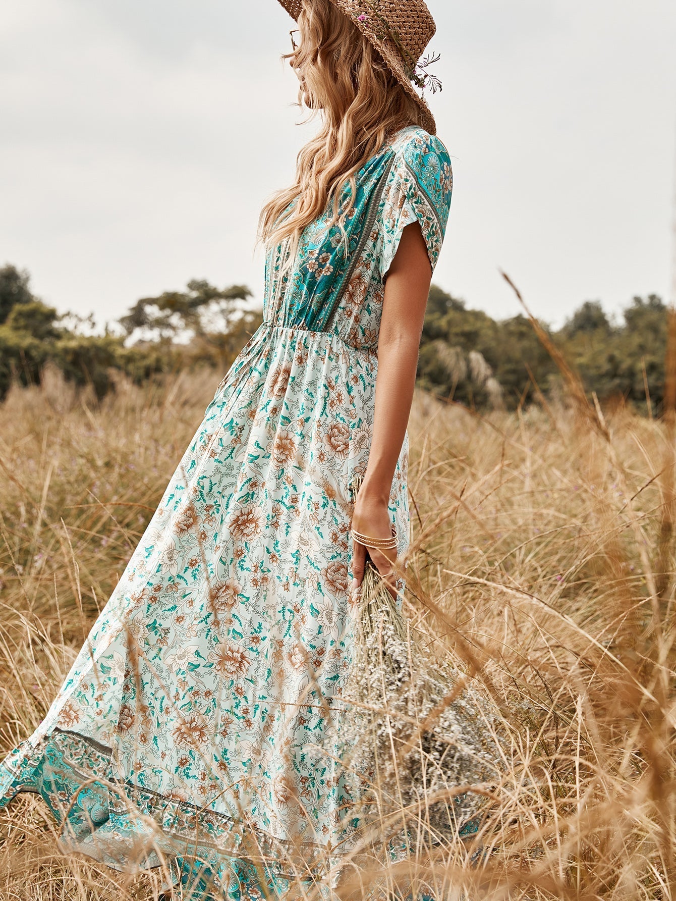 Green Short Sleeve Floral Maxi Dress Sai Feel