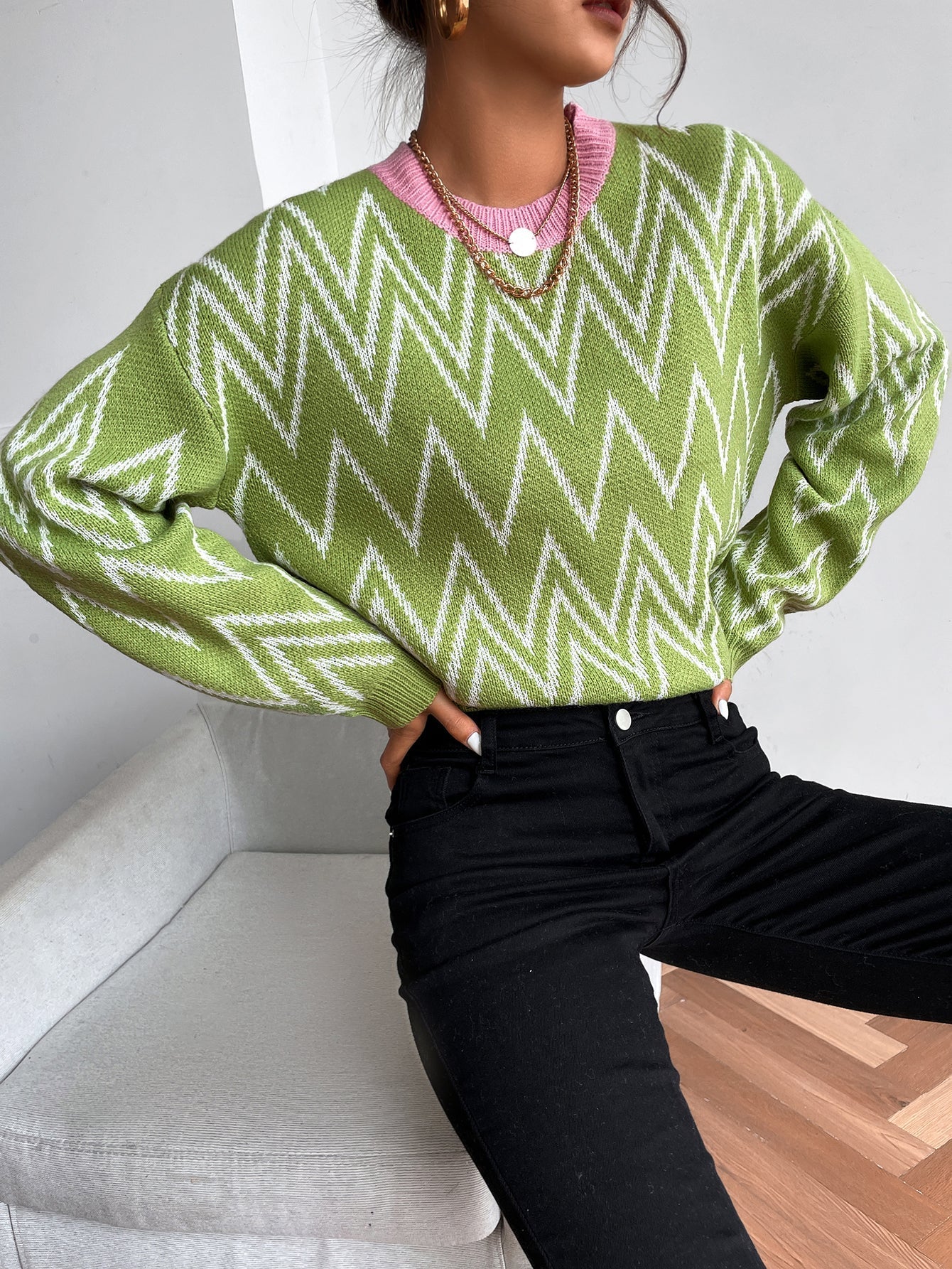 Green wave pattern sweater Sai Feel