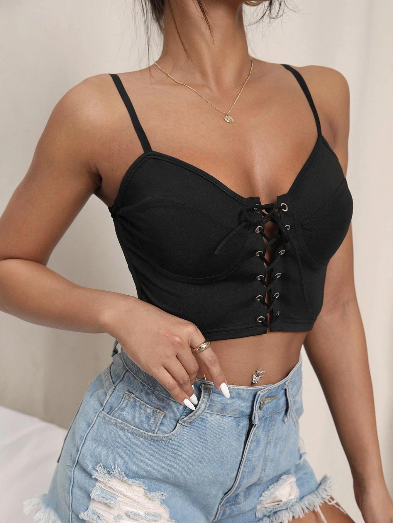 Grommet Lace Up Bustier Crop Cami Top Sai Feel