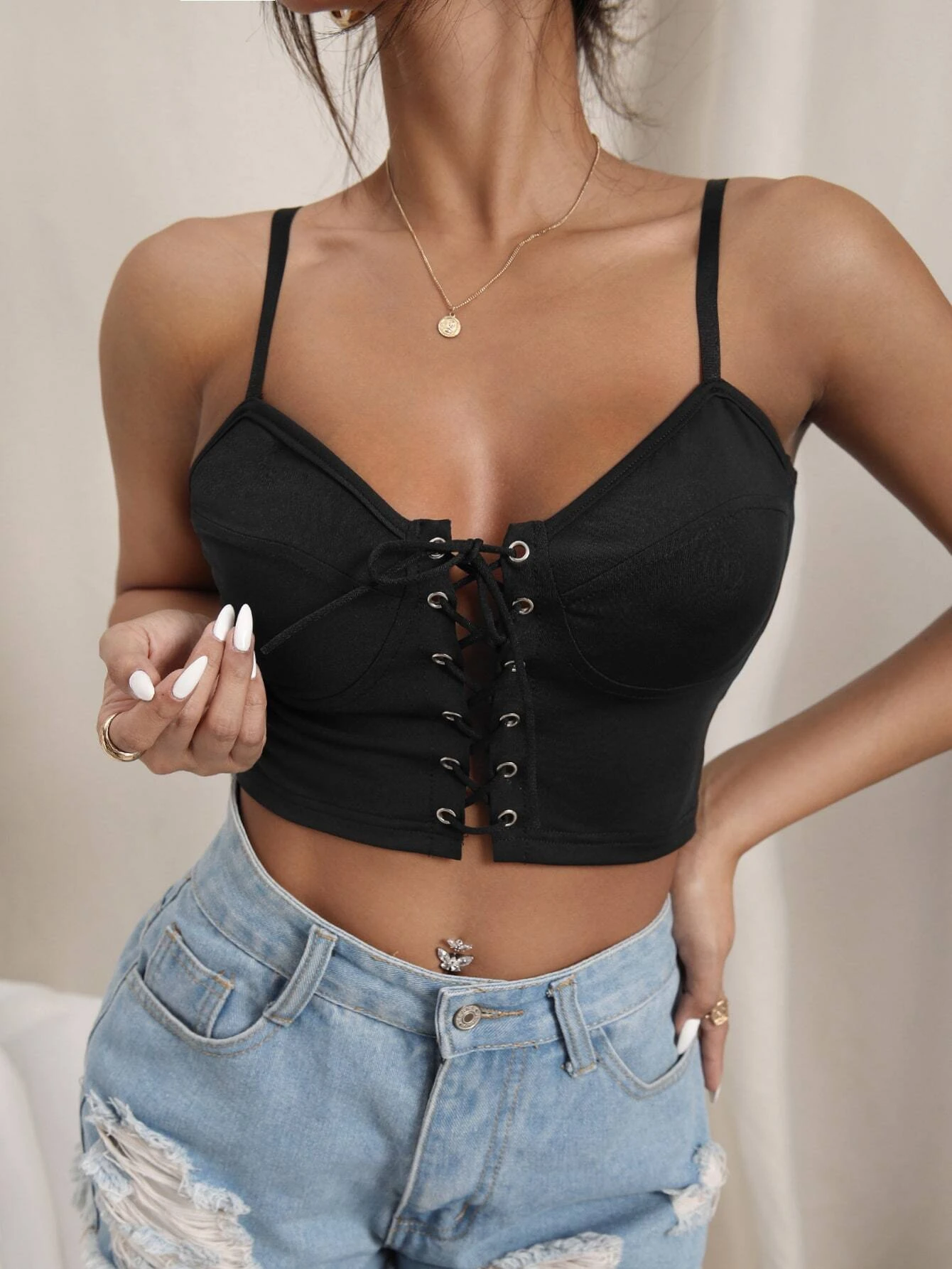 Grommet Lace Up Bustier Crop Cami Top Sai Feel