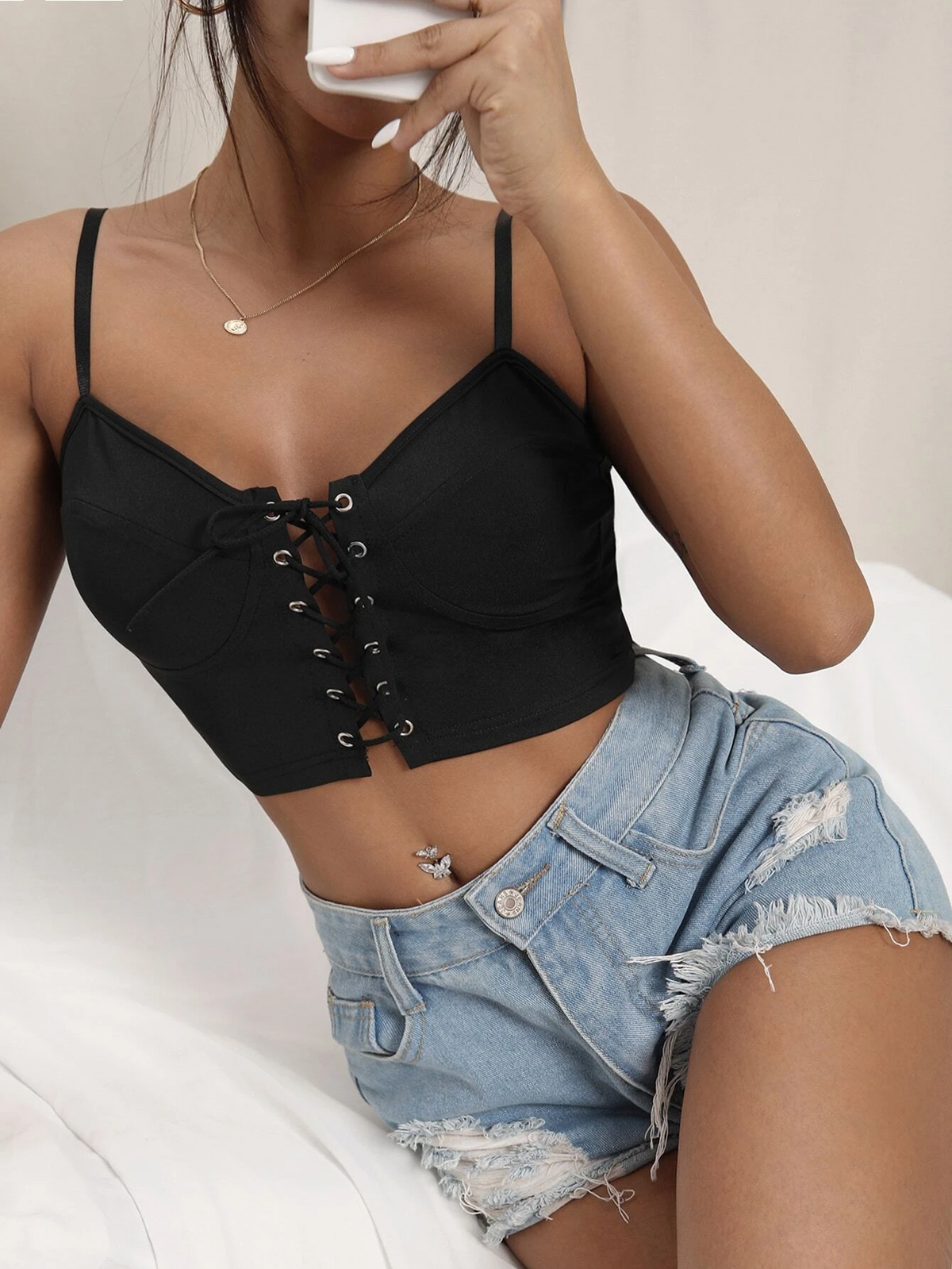 Grommet Lace Up Bustier Crop Cami Top Sai Feel