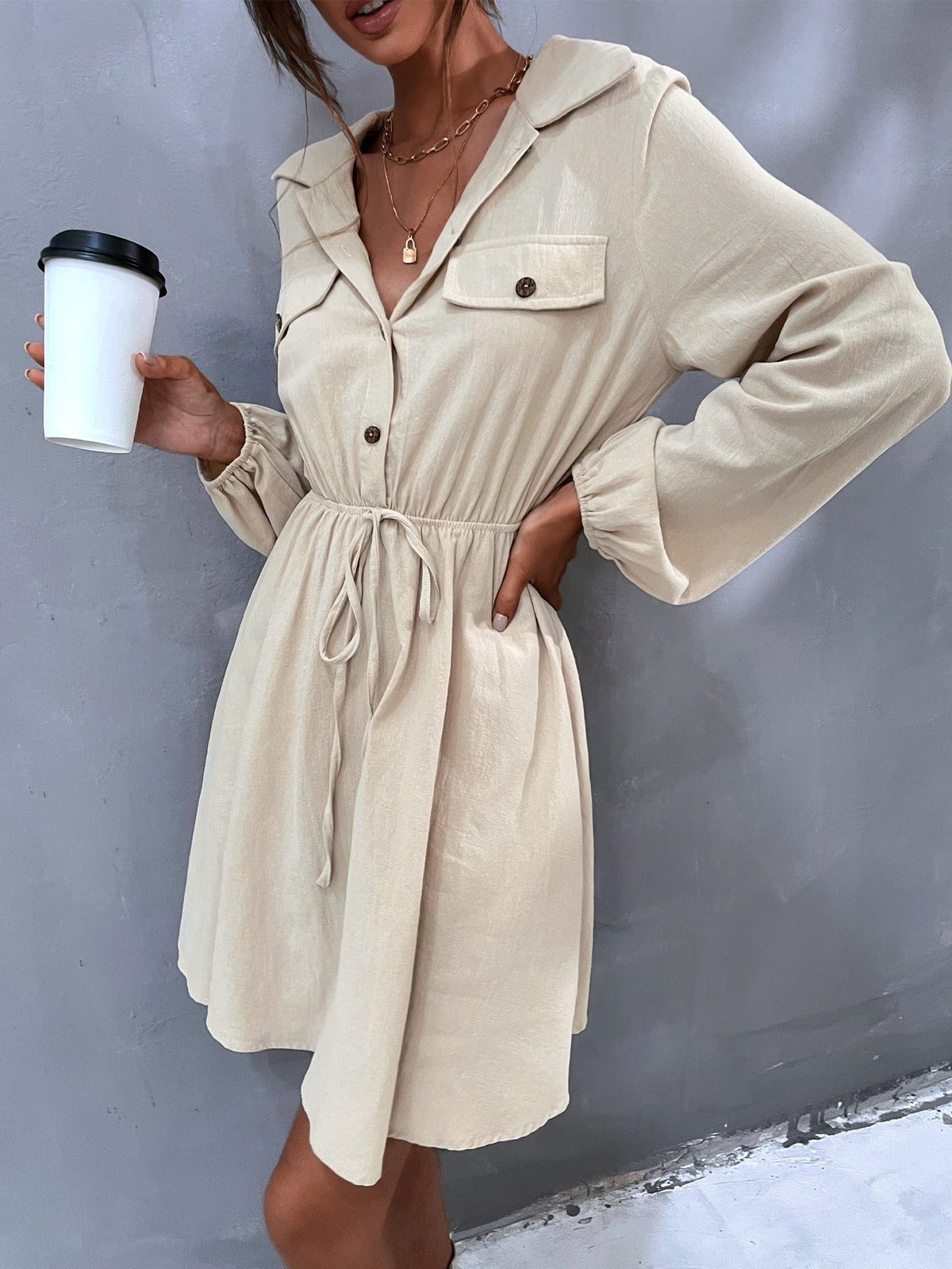 Half Button Drawstring Waist Shirt Dress Sai Feel