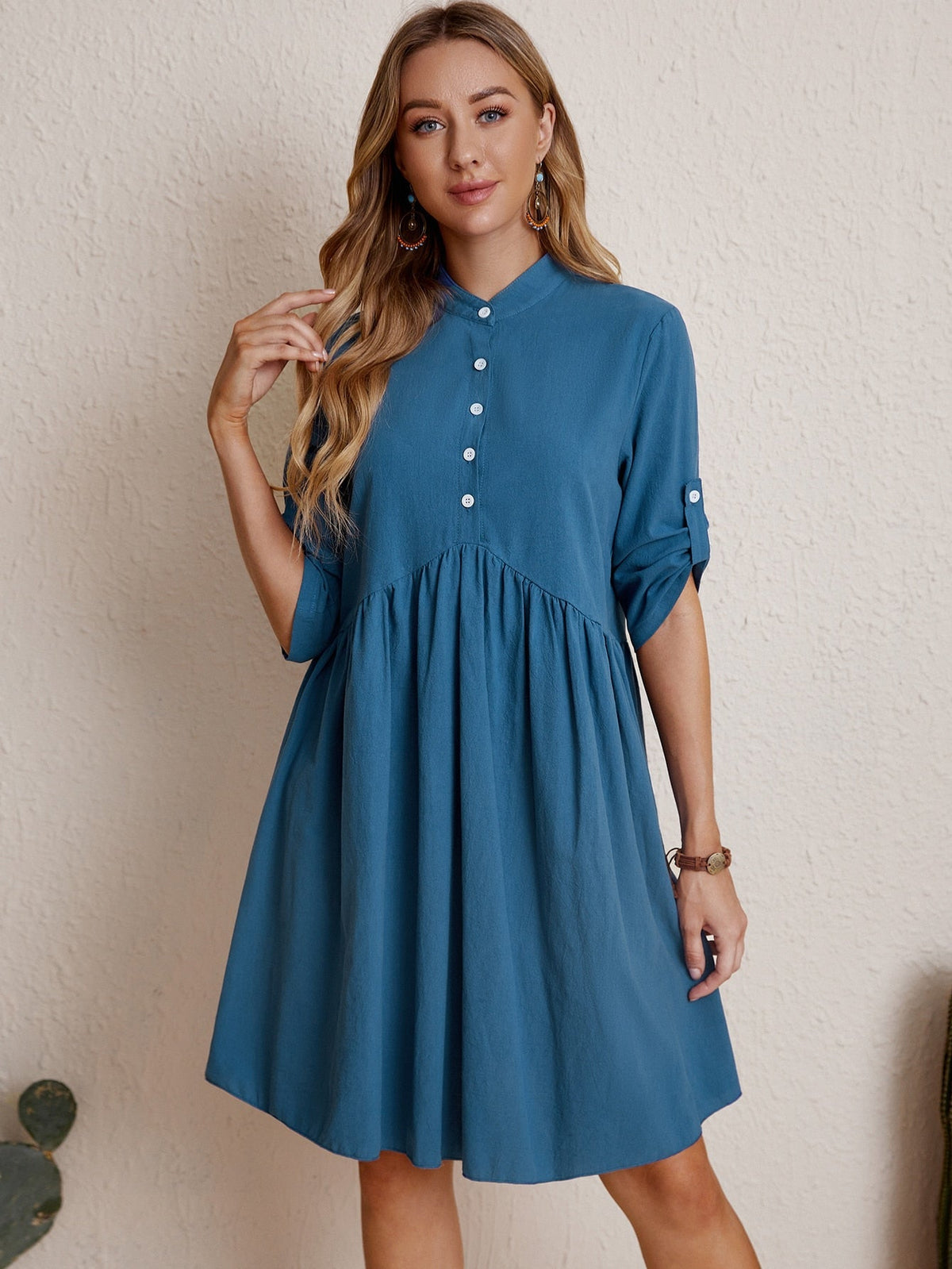 Half Button Shirred Waist Dress Sai Feel