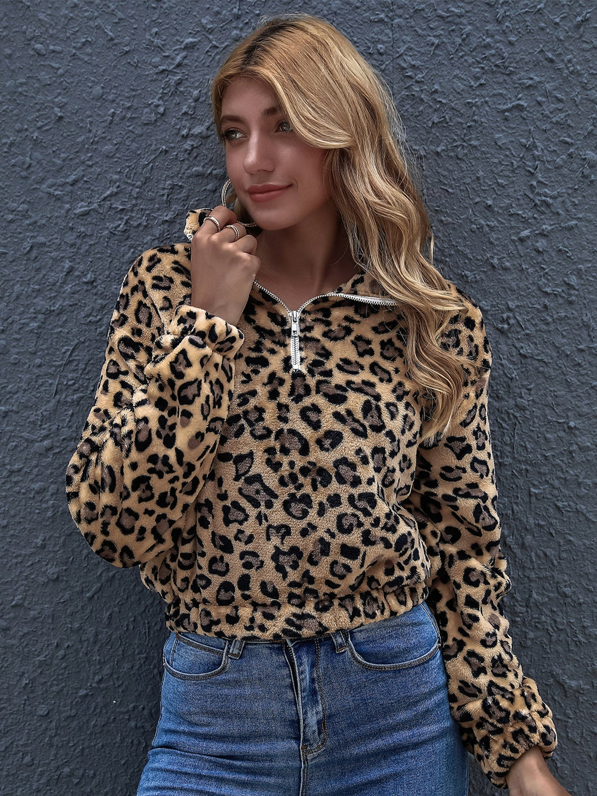 Half Zip Leopard Print Crop Teddy Coat Sai Feel