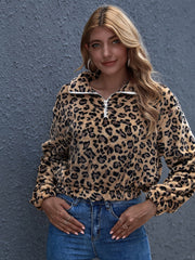 Half Zip Leopard Print Crop Teddy Coat Sai Feel