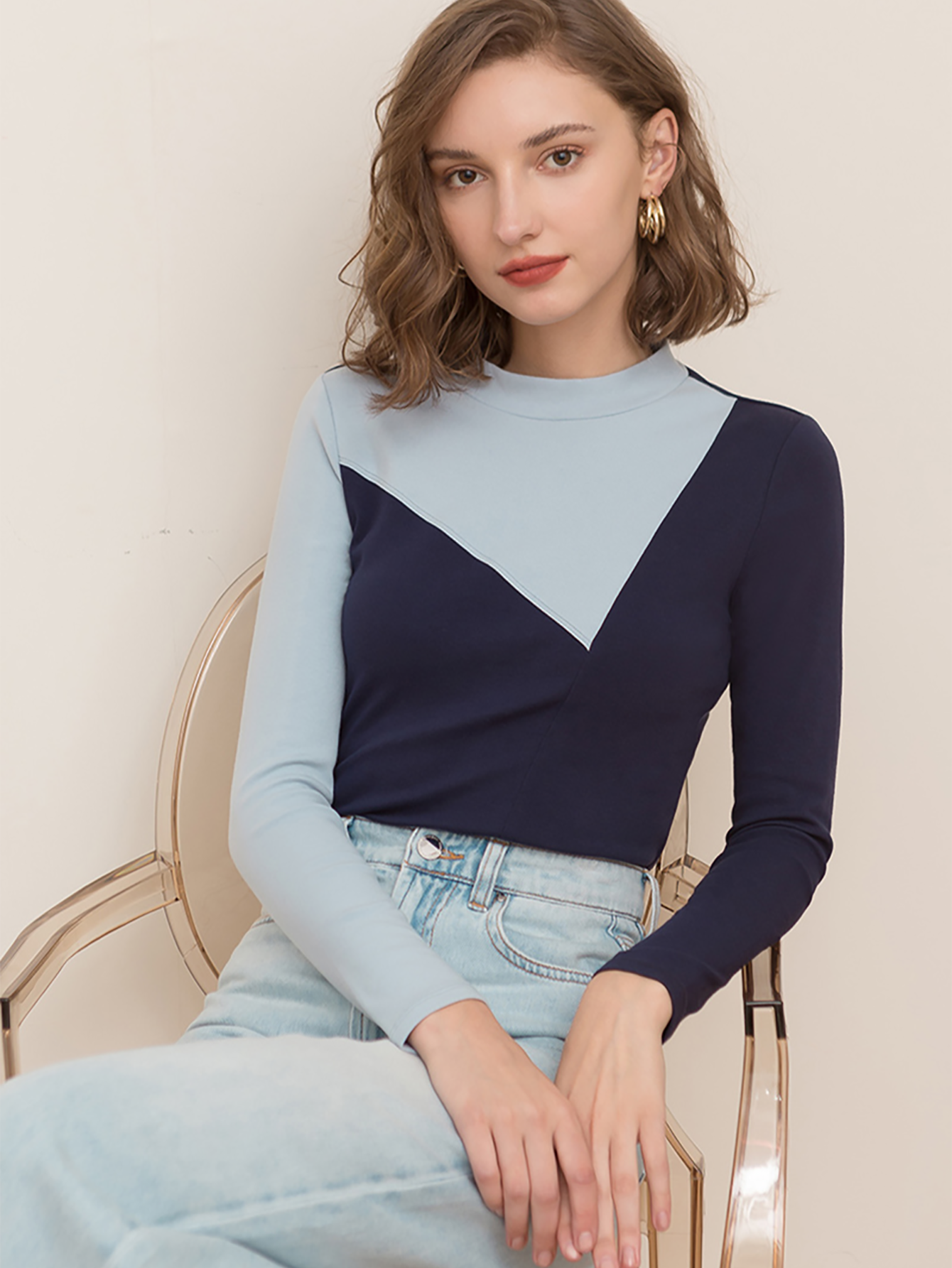 Half high neck long sleeve slim crop top Sai Feel