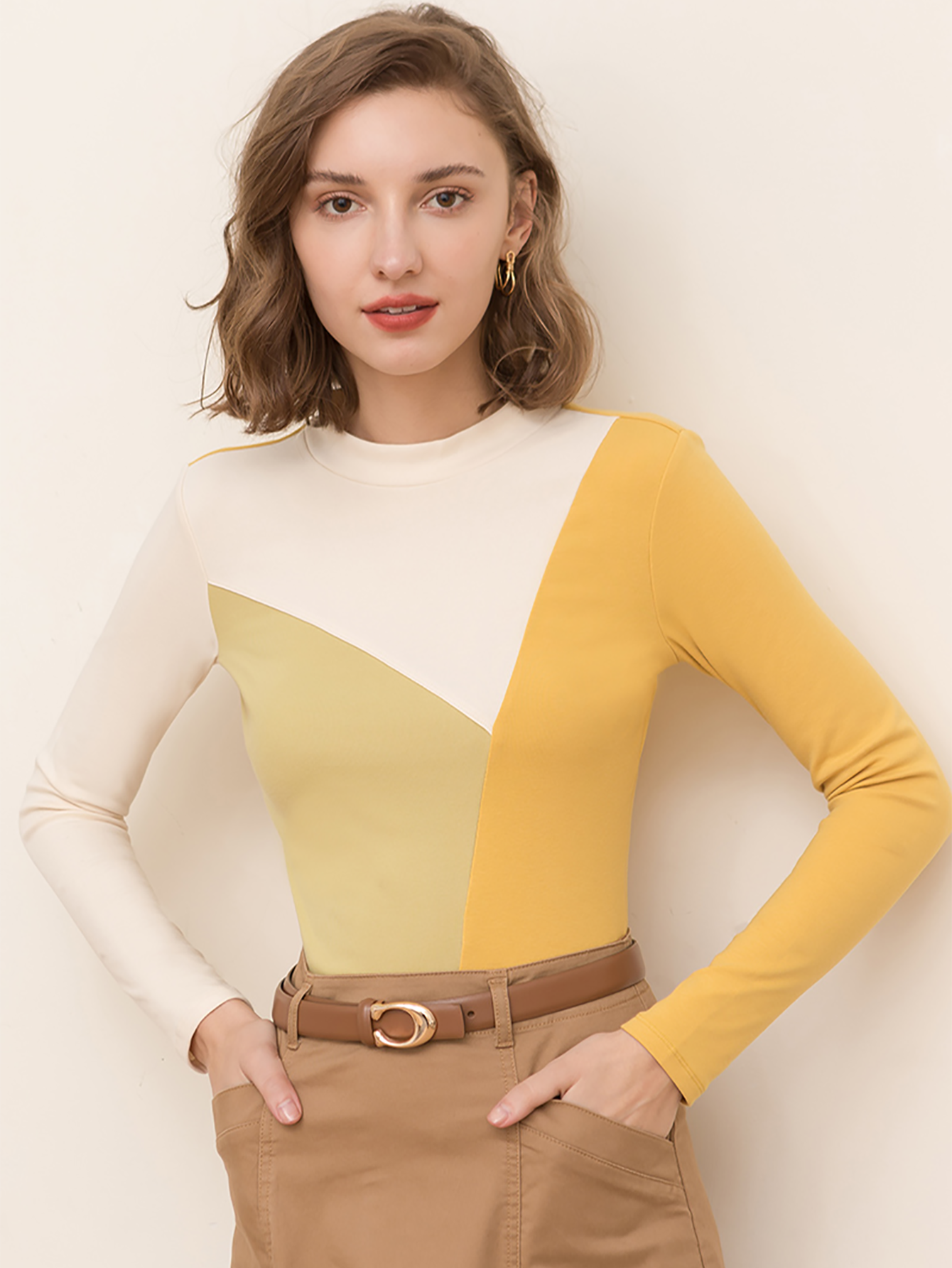 Half high neck long sleeve slim crop top Sai Feel