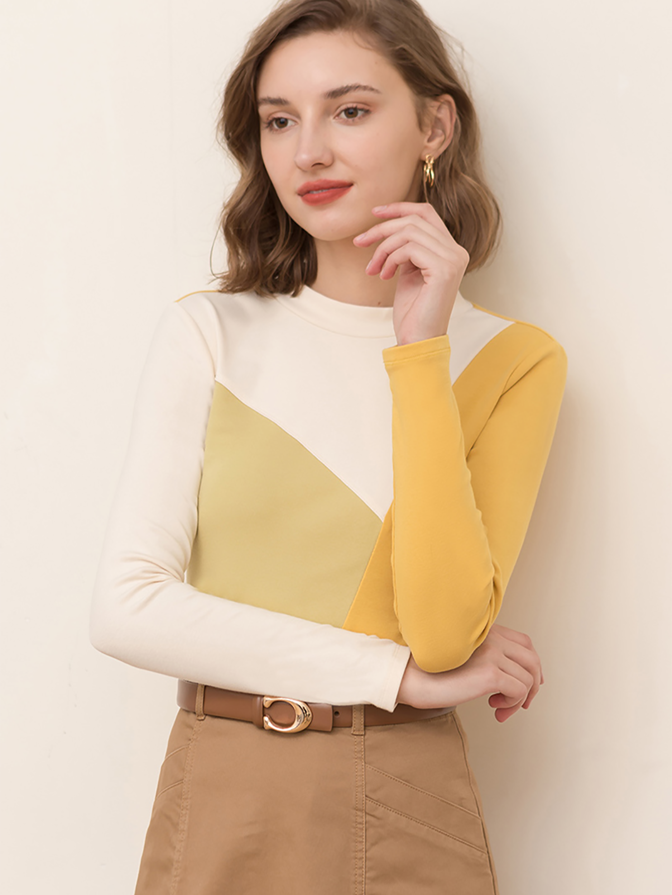 Half high neck long sleeve slim crop top Sai Feel