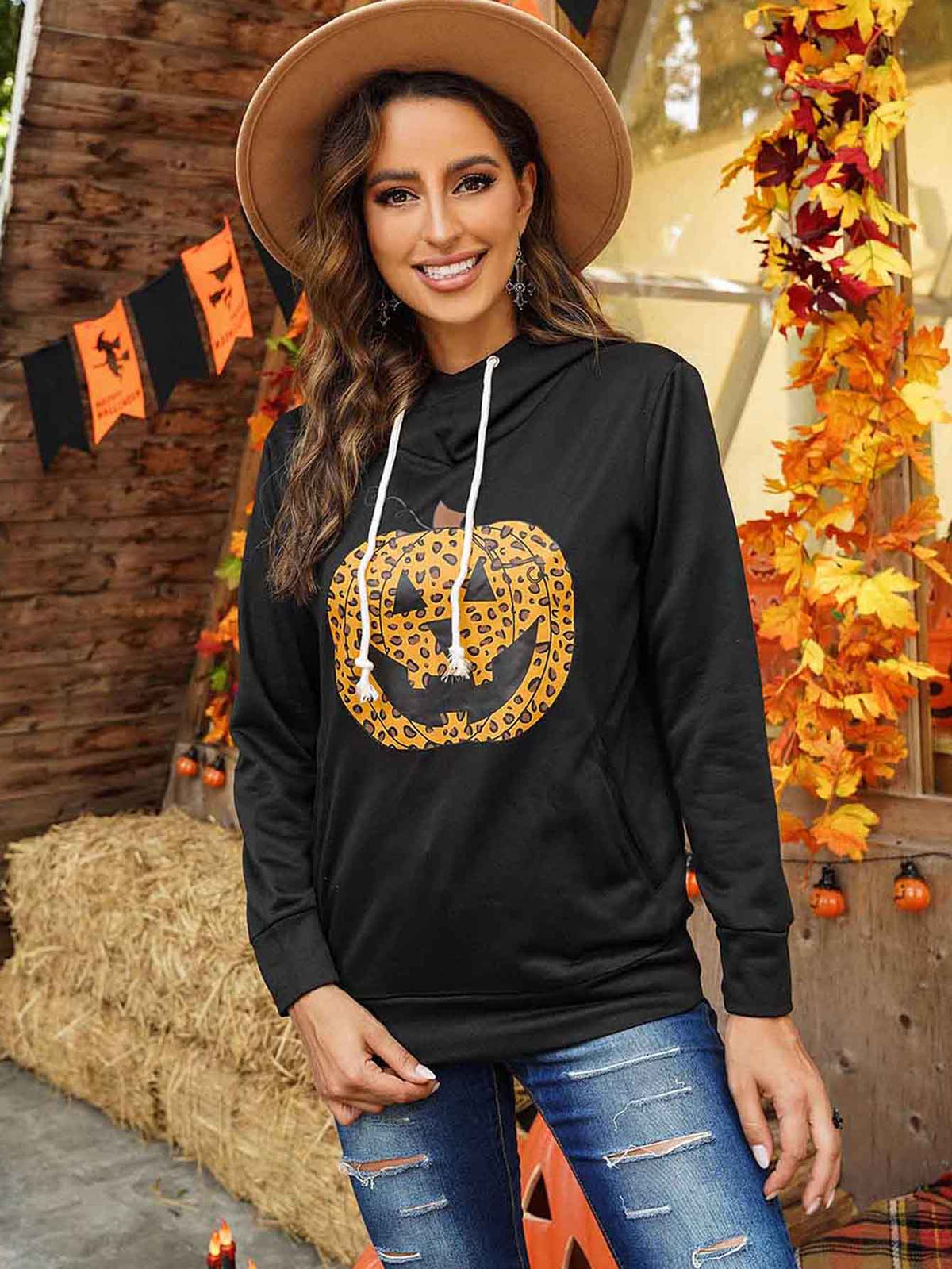 Halloween Pumpkin Print Kangaroo Pocket Long Sleeve Cowl Neck Drawstring Hoodie Sai Feel