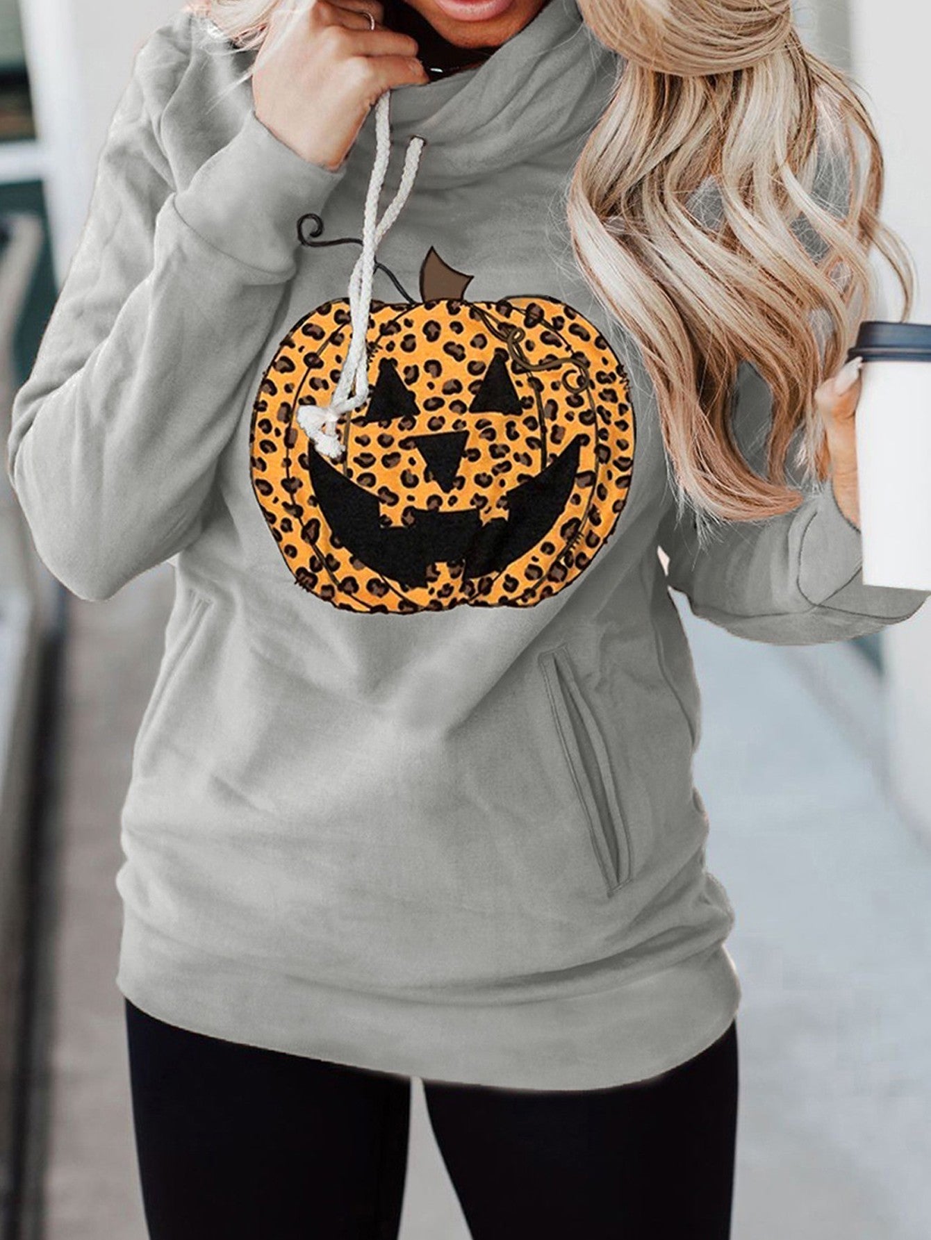 Halloween Pumpkin Print Kangaroo Pocket Long Sleeve Cowl Neck Drawstring Hoodie Sai Feel